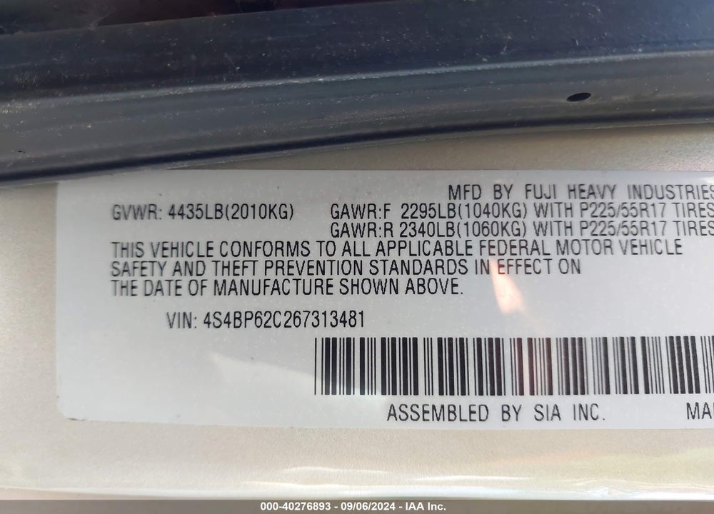 2006 SUBARU OUTBACK VIN: 4S4BP62C267313481