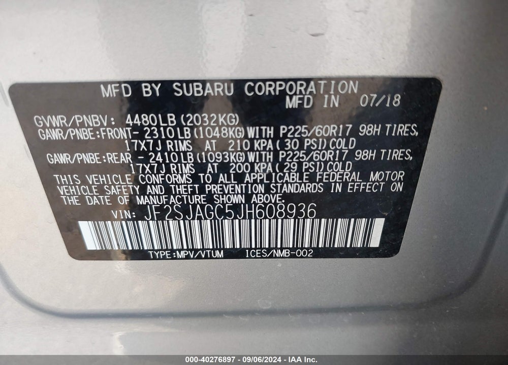 2018 SUBARU FORESTER 2.5I PREMIUM VIN: JF2SJAGC5JH608936