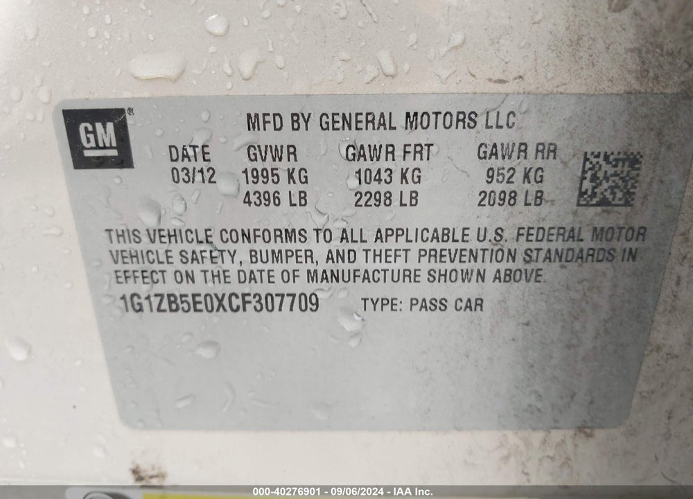 2012 CHEVROLET MALIBU LS VIN: 1G1ZB5E0XCF307709