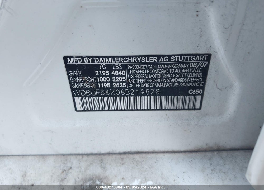2008 MERCEDES-BENZ E 350 VIN: WDBUF56X08B219878