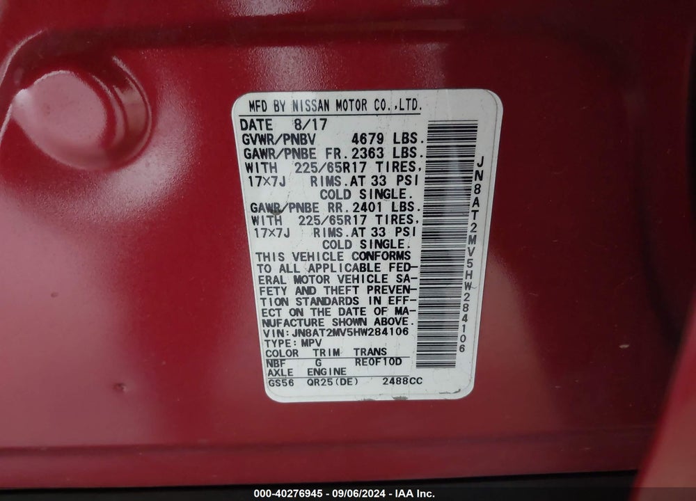 2017 NISSAN ROGUE SV VIN: JN8AT2MV5HW284106