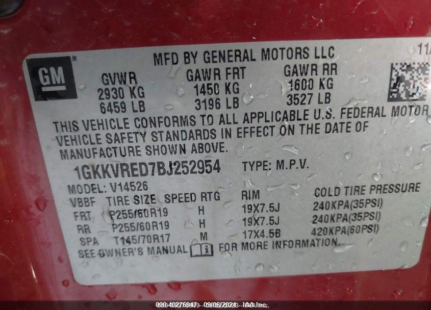 2011 GMC ACADIA SLT-1 VIN: 1GKKVRED7BJ252954
