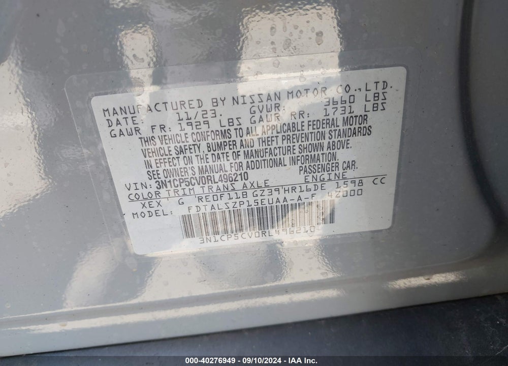 2024 NISSAN KICKS SV XTRONIC CVT VIN: 3N1CP5CV0RL496210