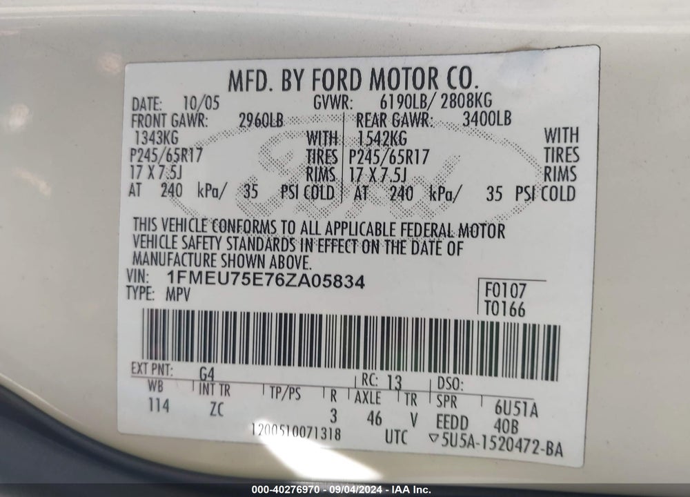 2006 FORD EXPLORER VIN: 1FMEU75E76ZA05834