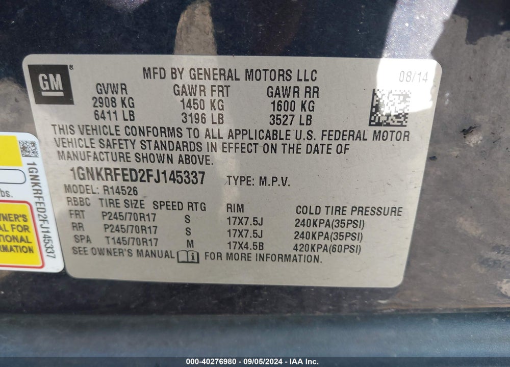 2015 CHEVROLET TRAVERSE LS VIN: 1GNKRFED2FJ145337
