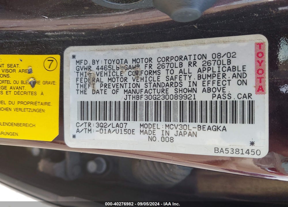 2003 LEXUS ES 300 VIN: JTHBF30G230089921