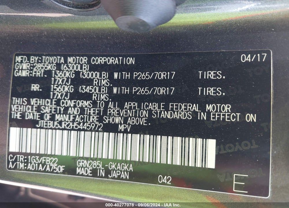 2017 TOYOTA 4RUNNER SR5 VIN: JTEBU5JR2H5445972