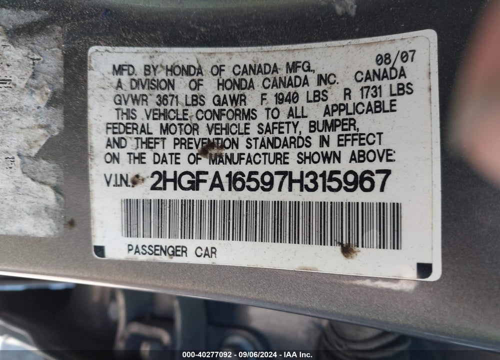 2007 HONDA CIVIC LX VIN: 2HGFA16597H315967