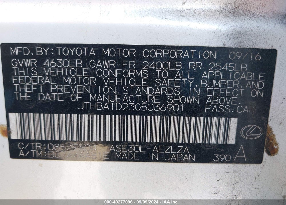 2016 LEXUS IS 200T VIN: JTHBA1D23G5036901