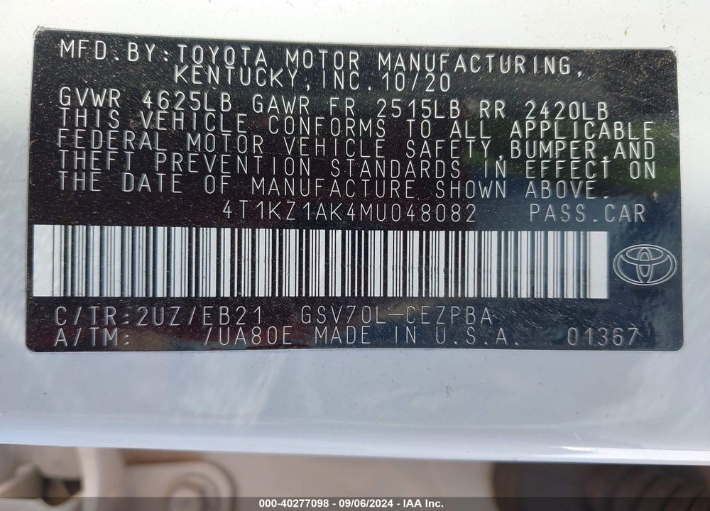 2021 TOYOTA CAMRY TRD VIN: 4T1KZ1AK4MU048082