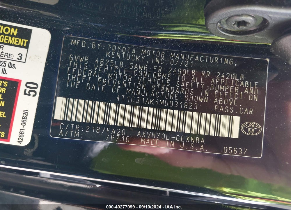 2021 TOYOTA CAMRY LE HYBRID VIN: 4T1C31AK4MU031823