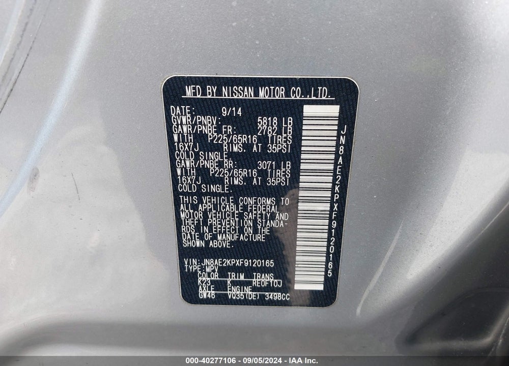 2015 NISSAN QUEST PLATINUM/S/SL/SV VIN: JN8AE2KPXF9120165