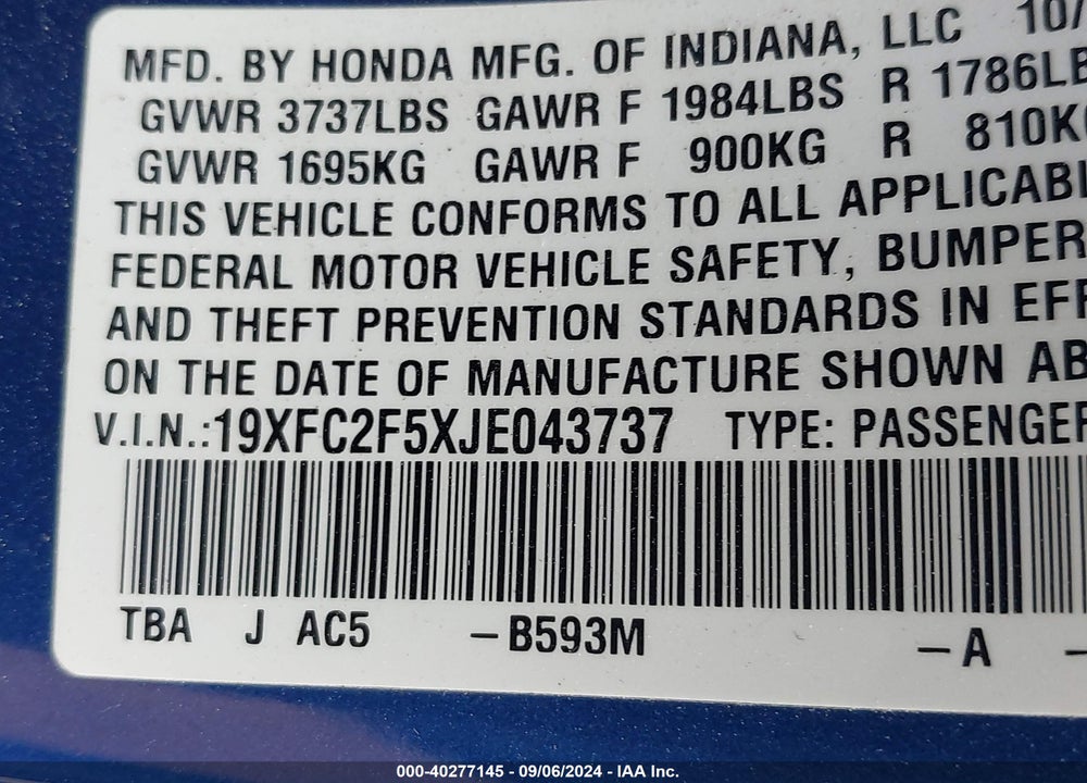 2018 HONDA CIVIC LX VIN: 19XFC2F5XJE043737