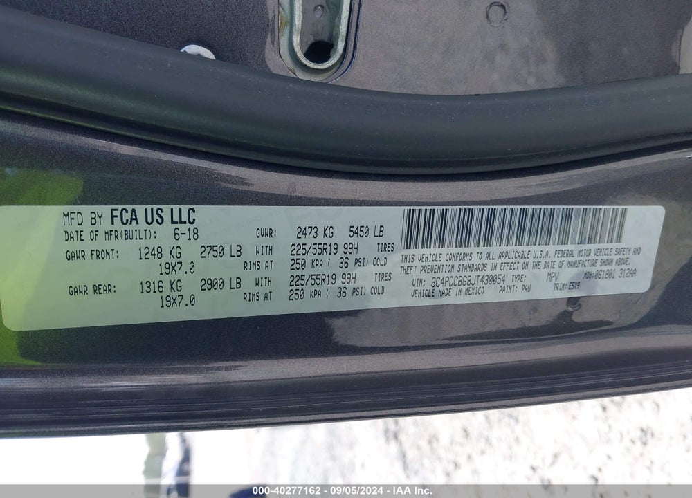 2018 DODGE JOURNEY SXT VIN: 3C4PDCBG8JT430054