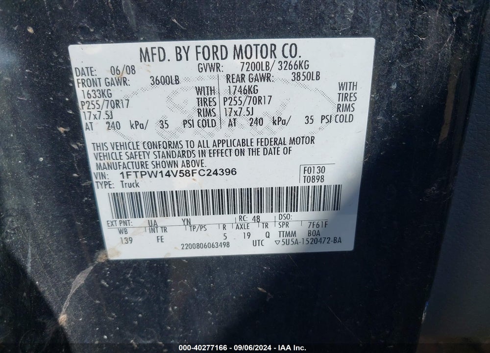2008 FORD F-150 60TH ANNIVERSARY/FX4/KING RANCH/LARIAT/XLT VIN: 1FTPW14V58FC24396