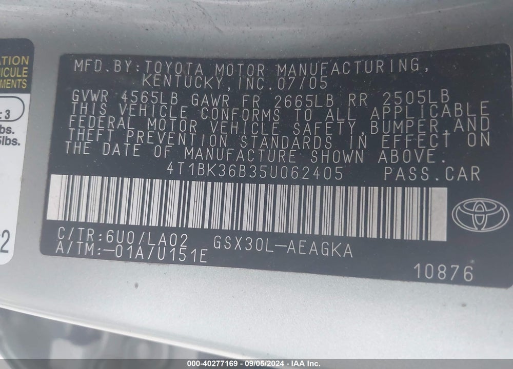 2005 TOYOTA AVALON VIN: 4T1BK36B35U062405