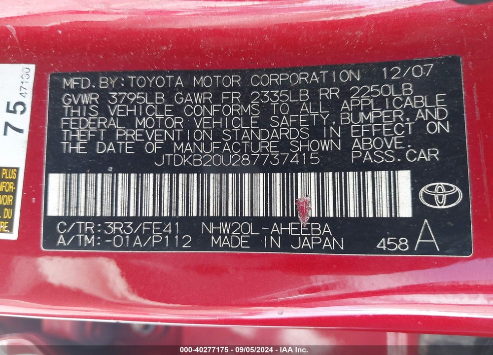 2008 TOYOTA PRIUS VIN: JTDKB20U287737415