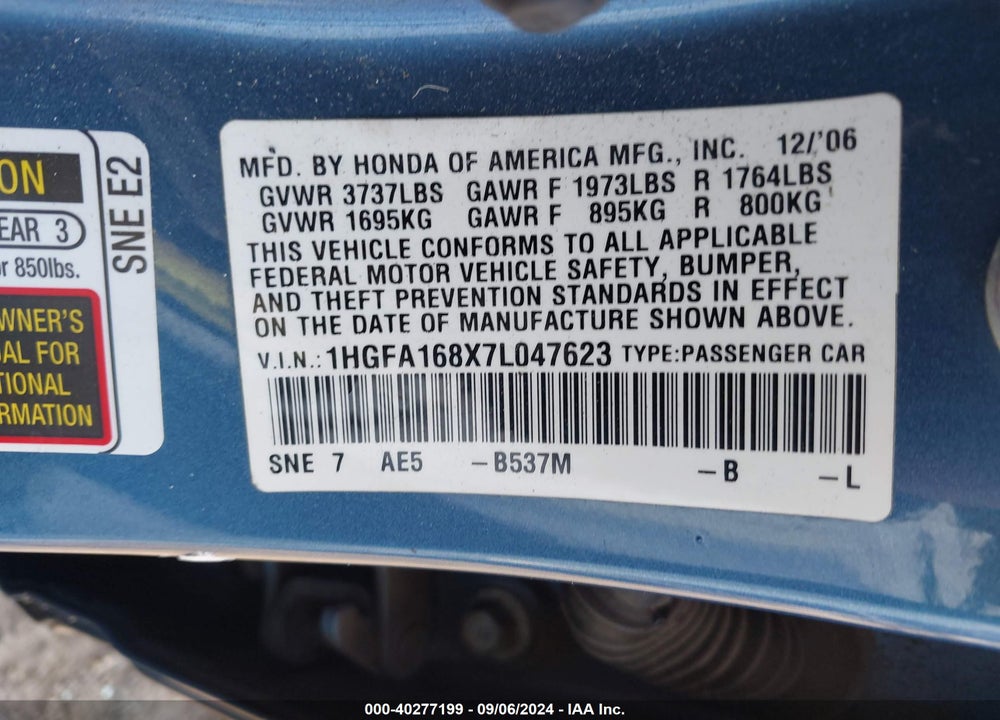 2007 HONDA CIVIC EX VIN: 1HGFA168X7L047623