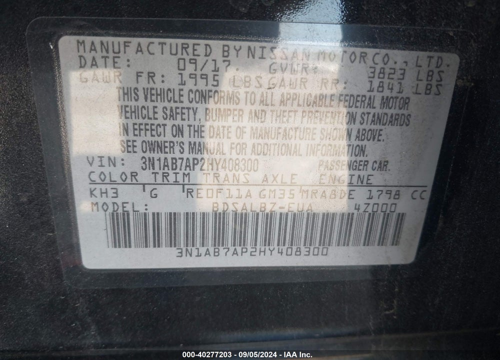 2017 NISSAN SENTRA S VIN: 3N1AB7AP2HY408300