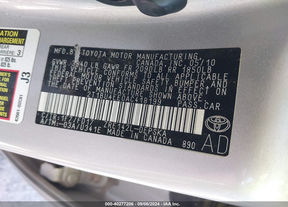 2010 TOYOTA COROLLA S VIN: 2T1BU4EE0AC418199