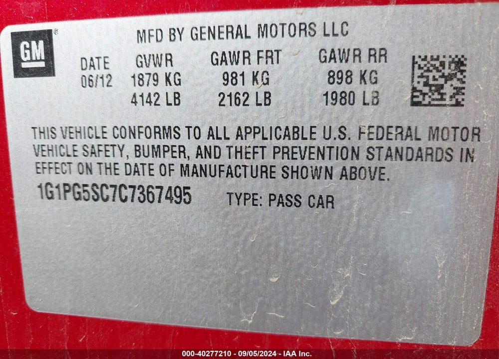 2012 CHEVROLET CRUZE 2LT VIN: 1G1PG5SC7C7367495