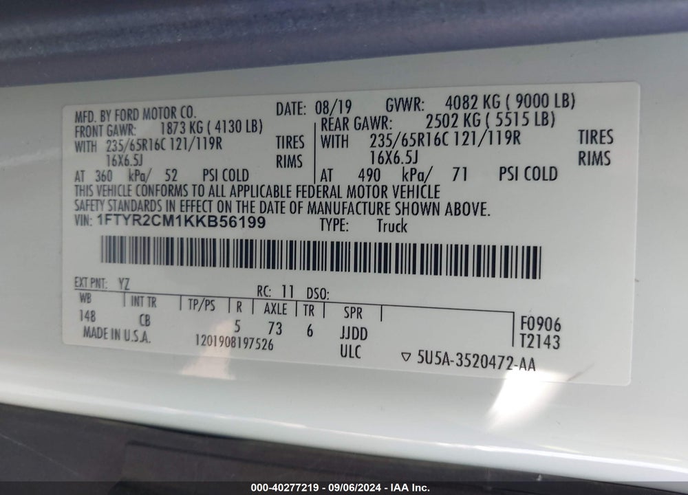 2019 FORD TRANSIT-250 VIN: 1FTYR2CM1KKB56199