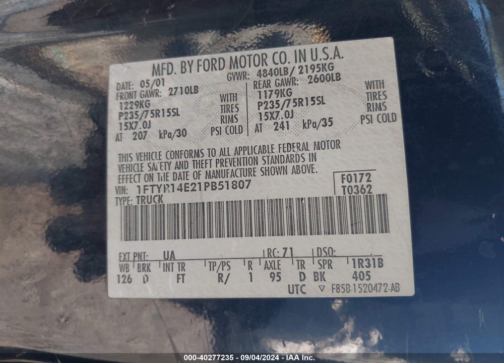 2001 FORD RANGER EDGE/XLT VIN: 1FTYR14E21PB51807