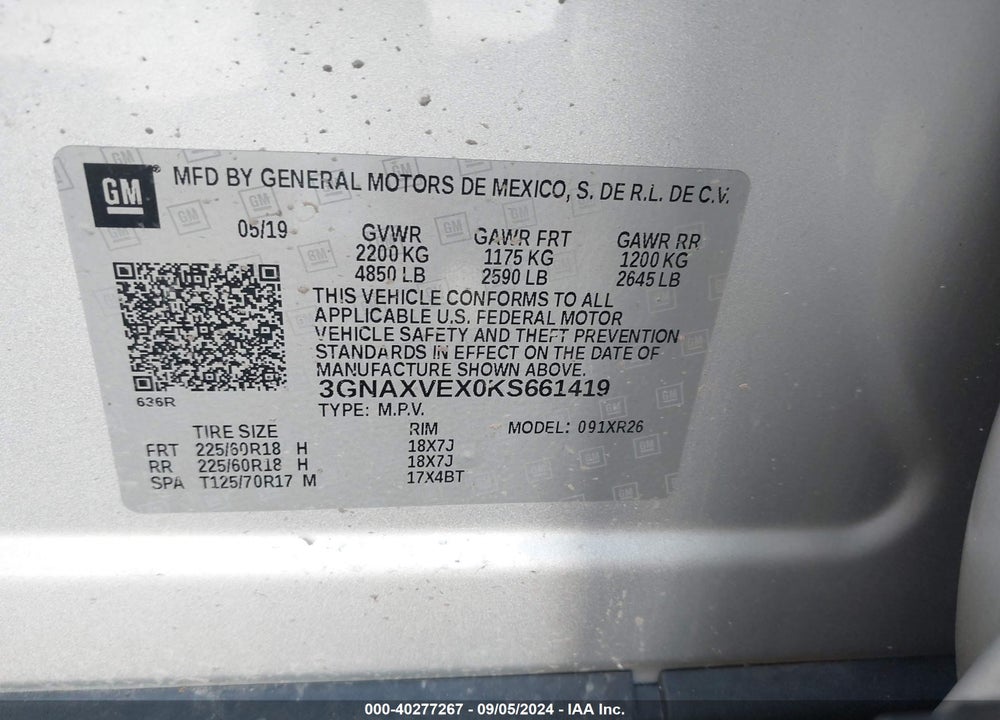 2019 CHEVROLET EQUINOX LT VIN: 3GNAXVEX0KS661419