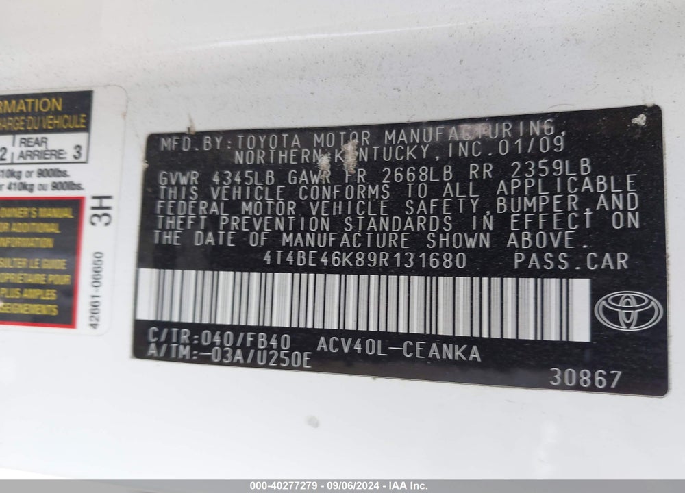 2009 TOYOTA CAMRY LE VIN: 4T4BE46K89R131680