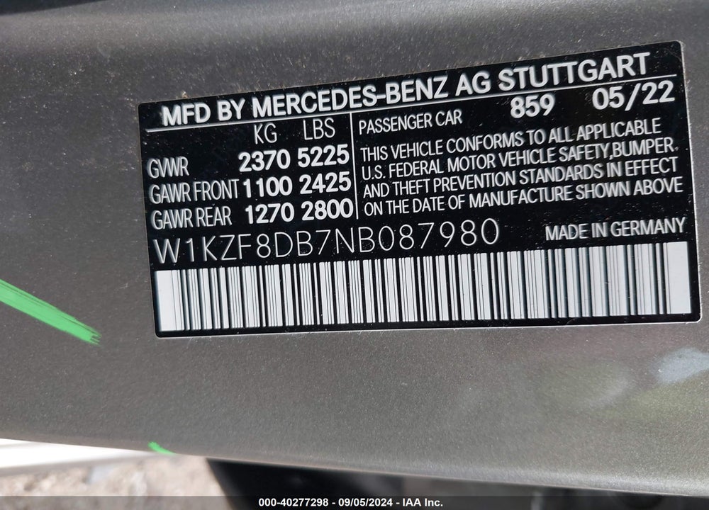 2022 MERCEDES-BENZ E 350 VIN: W1KZF8DB7NB087980
