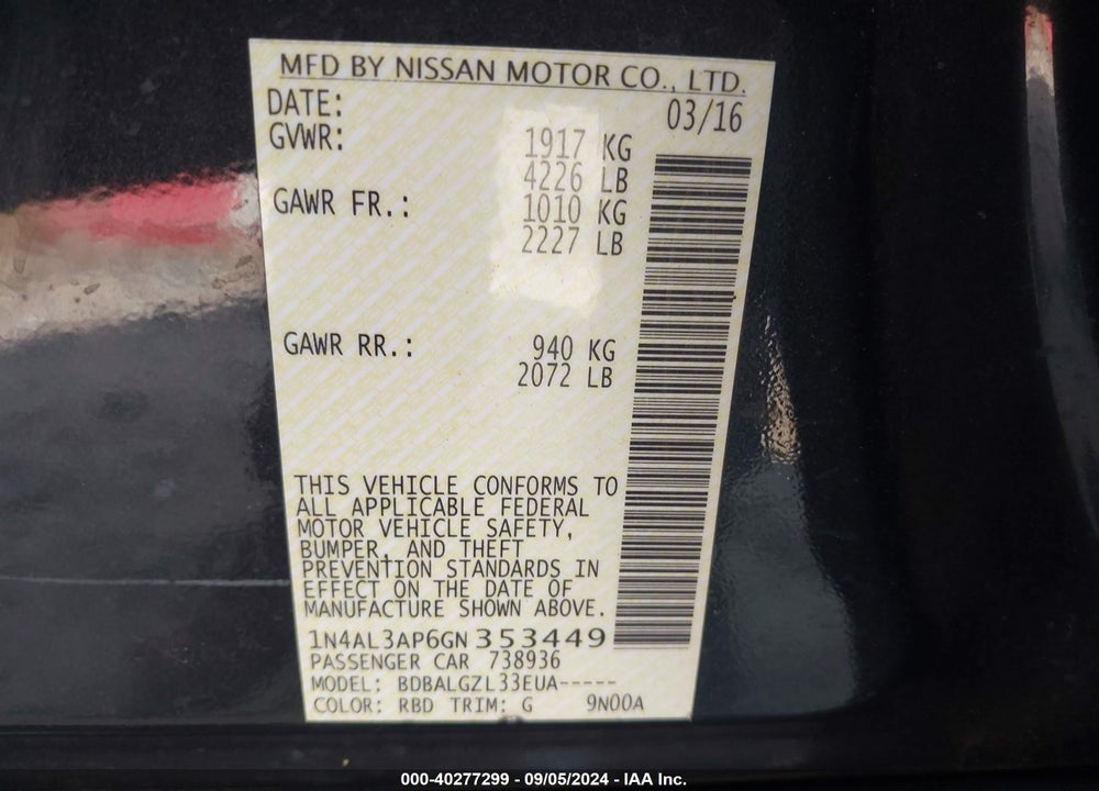 2016 NISSAN ALTIMA 2.5/2.5 S/2.5 SL/2.5 SR/2.5 SV VIN: 1N4AL3AP6GN353449