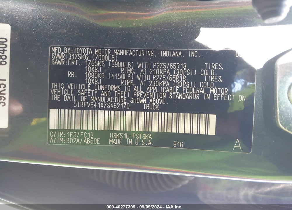 2007 TOYOTA TUNDRA SR5 5.7L V8 VIN: 5TBEV541X7S462170
