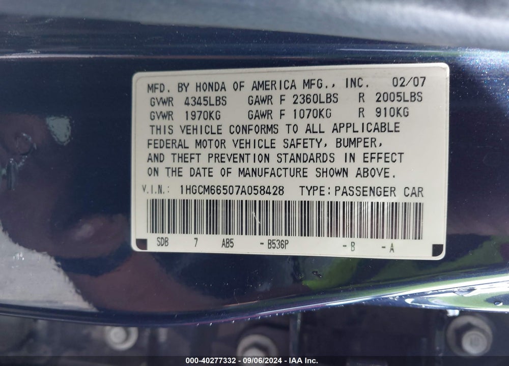 2007 HONDA ACCORD 3.0 EX VIN: 1HGCM66507A058428