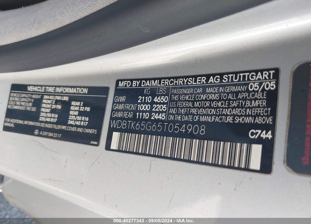2005 MERCEDES-BENZ CLK 320 VIN: WDBTK65G65T054908