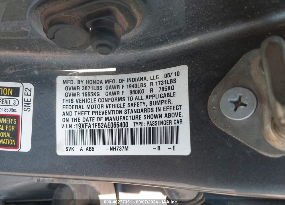 2010 HONDA CIVIC LX VIN: 19XFA1F52AE066400