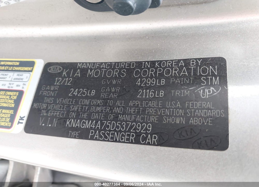2013 KIA OPTIMA LX VIN: KNAGM4A75D5372929