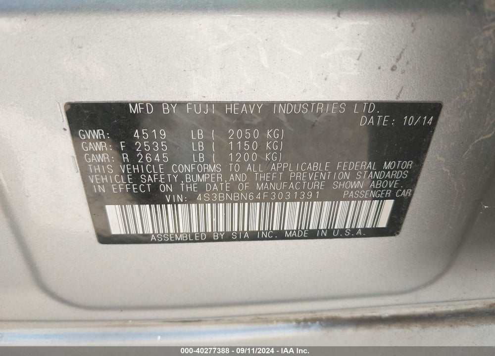 2015 SUBARU LEGACY 2.5I LIMITED VIN: 4S3BNBN64F3031391