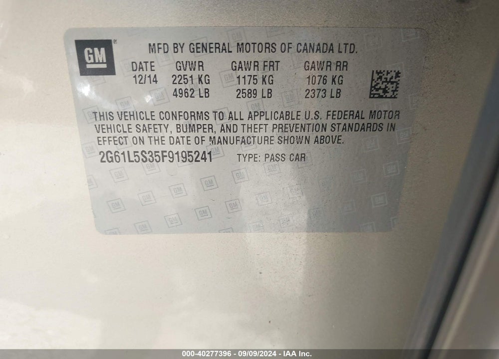 2015 CADILLAC XTS STANDARD VIN: 2G61L5S35F9195241