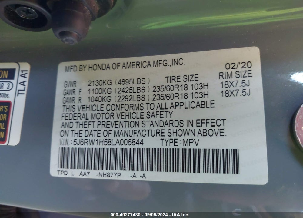 2020 HONDA CR-V 2WD EX VIN: 5J6RW1H58LA006844