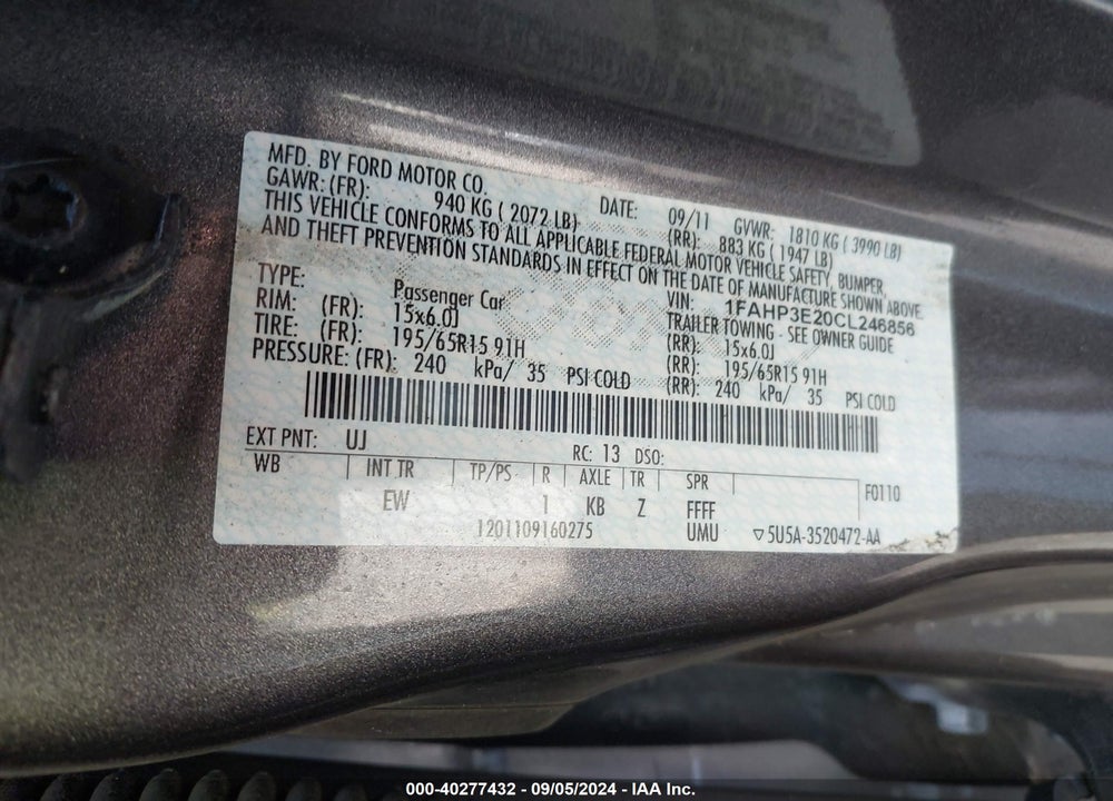2012 FORD FOCUS S VIN: 1FAHP3E20CL246856