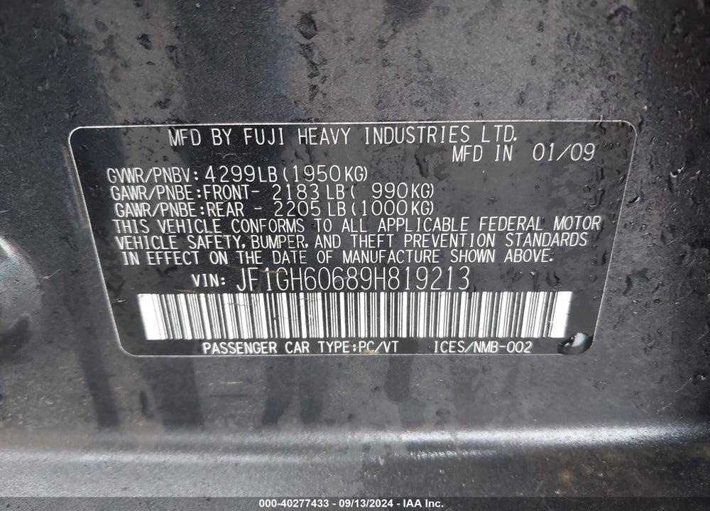 2009 SUBARU IMPREZA 2.5I VIN: JF1GH60689H819213
