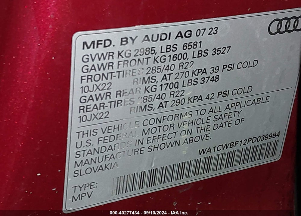 2023 AUDI SQ8 PRESTIGE TFSI QUATTRO TIPTRONIC VIN: WA1CWBF12PD039984