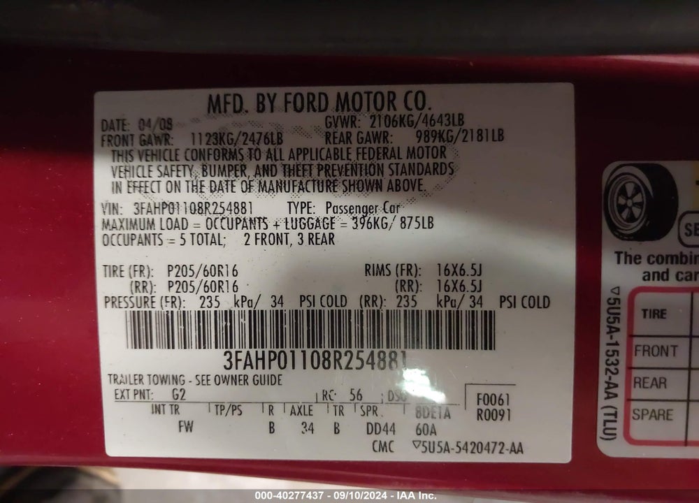 2008 FORD FUSION SE VIN: 3FAHP01108R254881