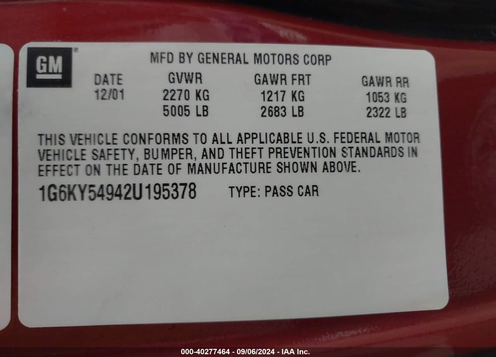 2002 CADILLAC SEVILLE STS VIN: 1G6KY54942U195378