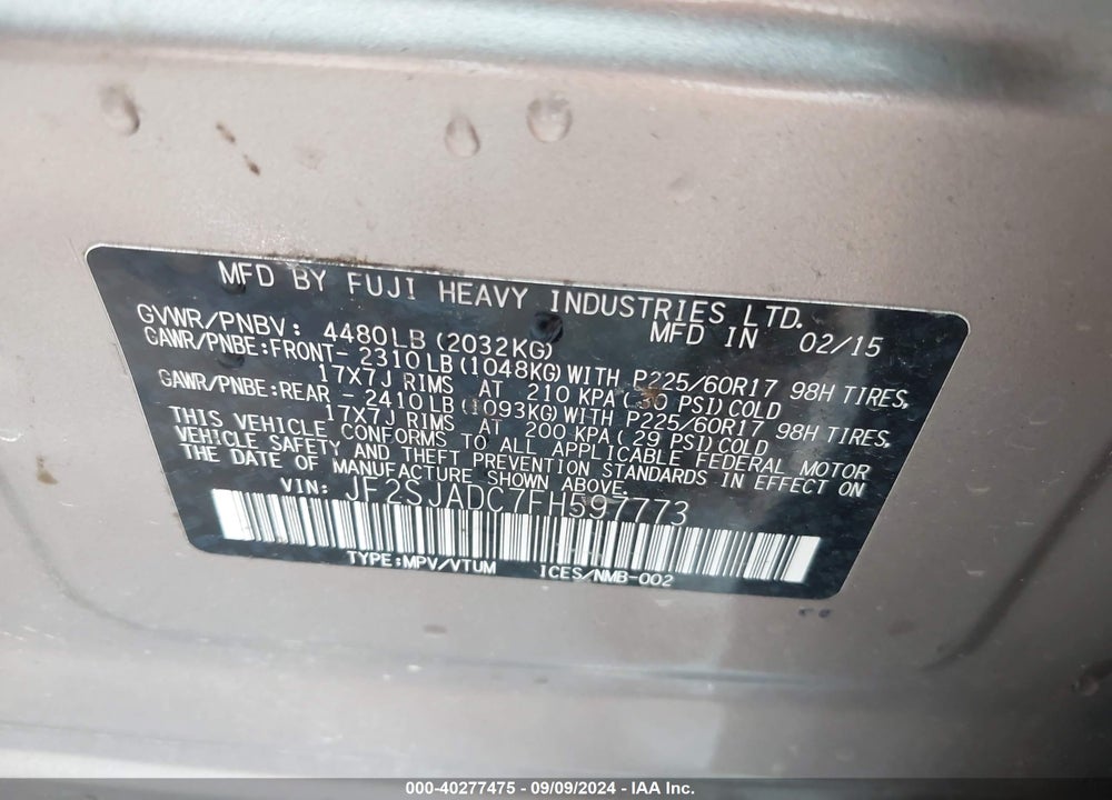 2015 SUBARU FORESTER 2.5I PREMIUM VIN: JF2SJADC7FH597773
