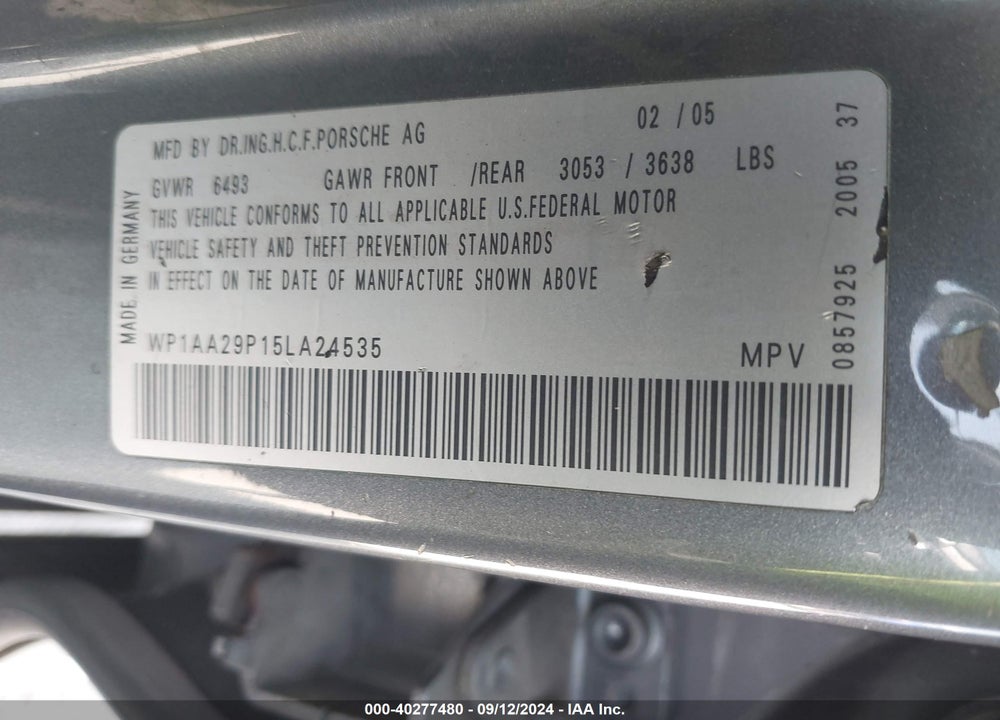 2005 PORSCHE CAYENNE VIN: WP1AA29P15LA24535
