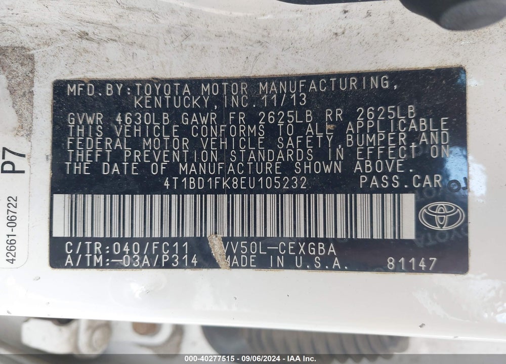 2014 TOYOTA CAMRY HYBRID XLE VIN: 4T1BD1FK8EU105232