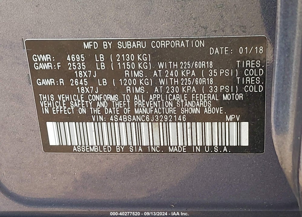 2018 SUBARU OUTBACK 2.5I LIMITED VIN: 4S4BSANC6J3292146