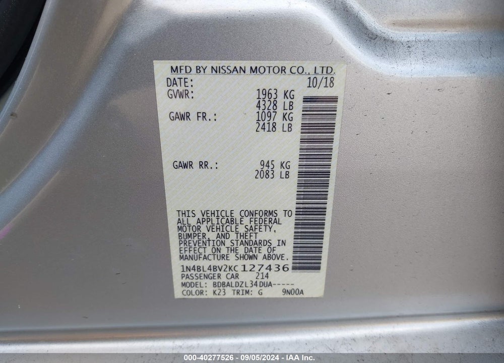 2019 NISSAN ALTIMA 2.5 S VIN: 1N4BL4BV2KC127436