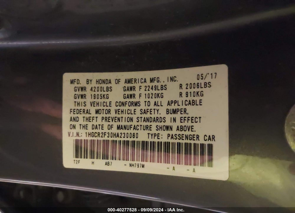 2017 HONDA ACCORD LX VIN: 1HGCR2F30HA230080